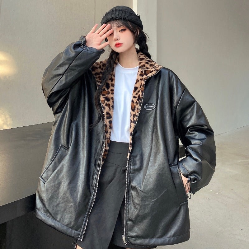 Oversized Lederjacke mit Leopardenfell