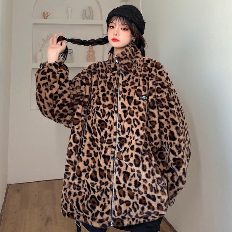 Oversized Lederjacke mit Leopardenfell