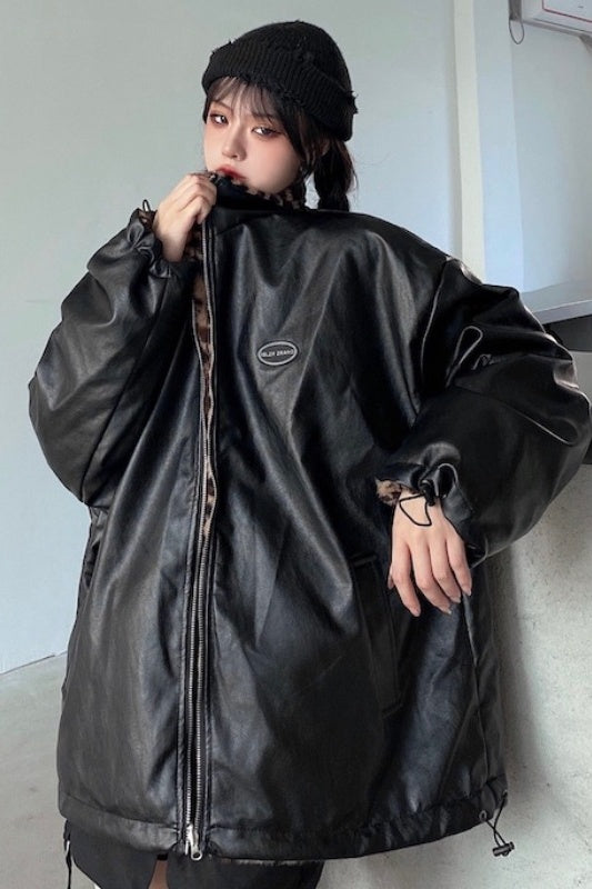 Oversized Lederjacke mit Leopardenfell