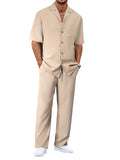 Men's Trousers Suit Fashion Lapel Button Short Sleeve Shirt And Pocket Straight Pants Clothing