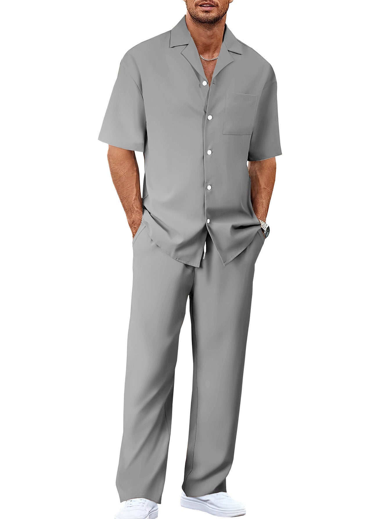 Men's Trousers Suit Fashion Lapel Button Short Sleeve Shirt And Pocket Straight Pants Clothing